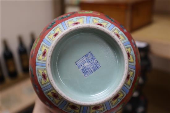 A pair of Chinese garlic neck vases and a famille rose teapot